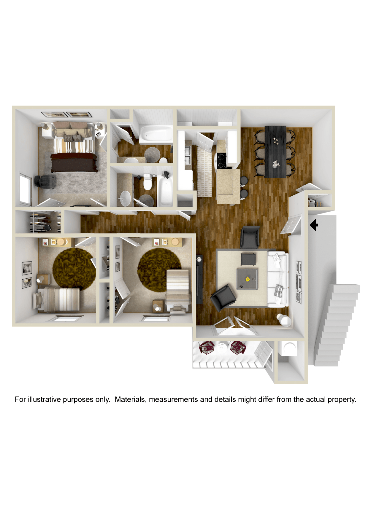 Floor plan for 3 beds, 2 baths, 1255 sqft